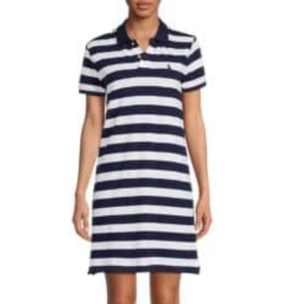 POLO RALPH LAUREN Striped Polo Mini Dress Cotton Blue & White M